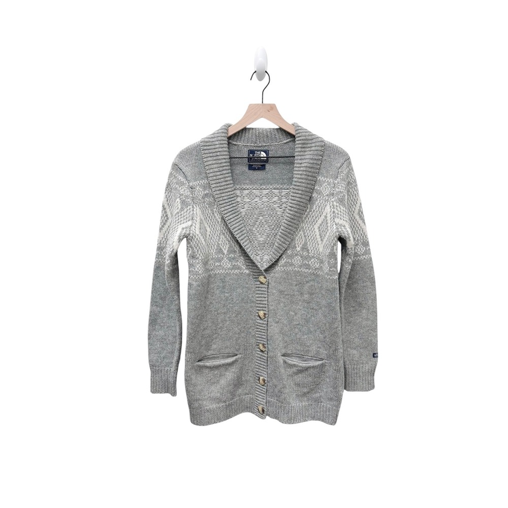 The North Face Gray Fair Isle‎ Shawl Collar Button Cardigan Wool Sweater Small